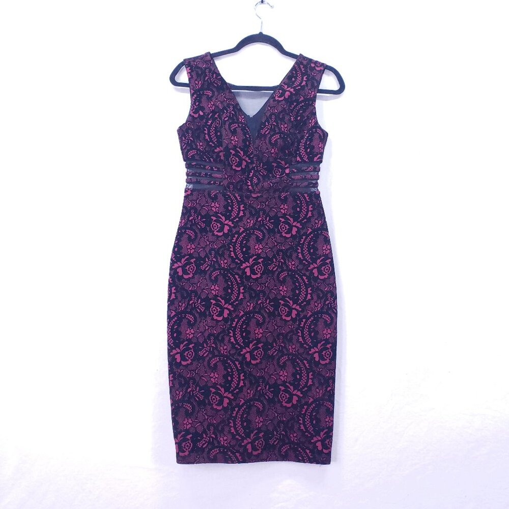 Enfocus Studio Dress Sz 4 Velvet Lace Black Pink Floral Sheath Romantic Elegant